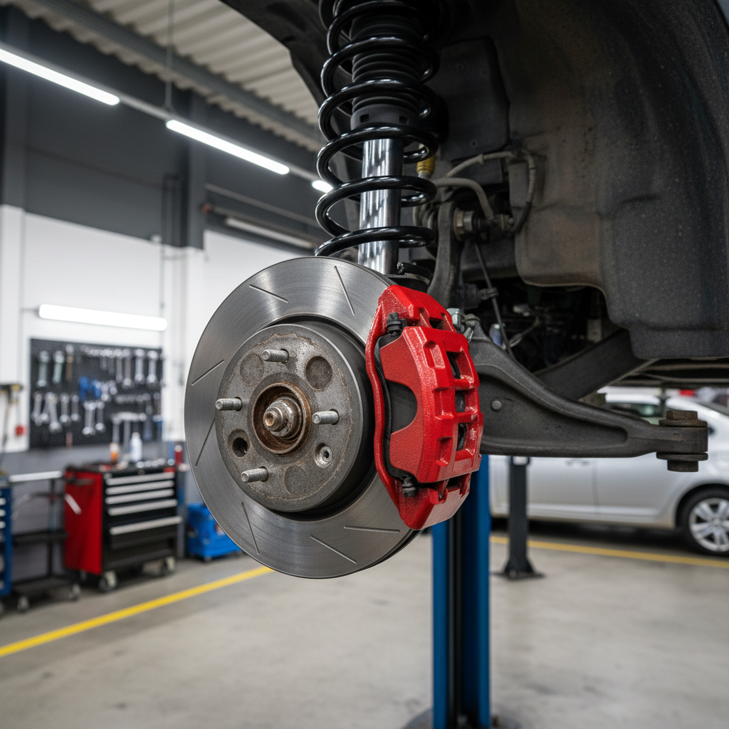 A detailed, photographic close-up of a car’s front wheel assembly exposed on a lift, with the wheel removed to reveal ventilated brake discs, calipers, and suspension components. The metallic brake rotor has a faint sheen, showing light machining marks, while the caliper appears robust and freshly cleaned. The background includes a blurred view of the workshop floor with neatly arranged tools and another vehicle in the distance. Bright, neutral LED overhead lighting casts clear, functional illumination, highlighting every edge and contour. Shot at eye level with a medium depth of field, the composition emphasizes safety and precision in brake system service, evoking a reliable, professional atmosphere suitable for a mechanical workshop in Cubelles.