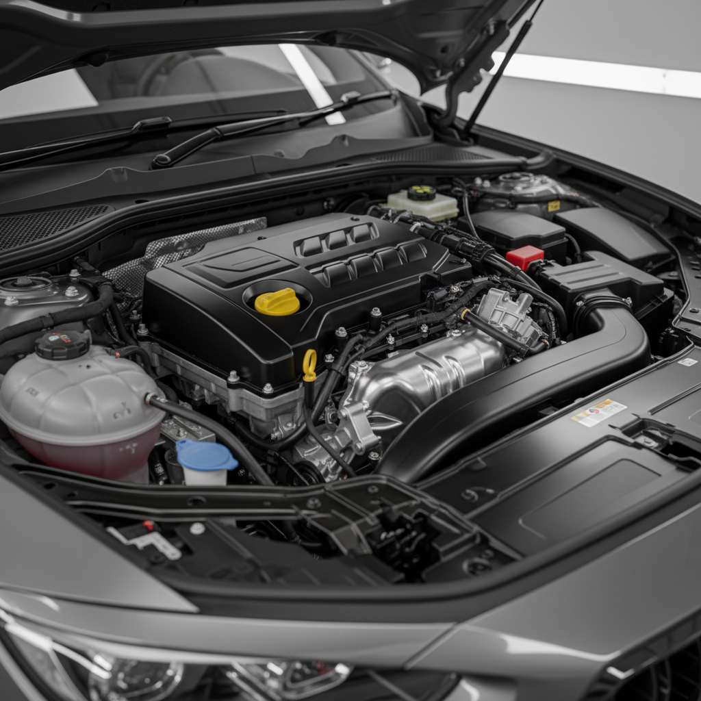 A close-up, photographic view of an open car engine bay in pristine condition, showcasing the complexity of modern motor systems. Black plastic covers, metallic aluminum components, and color-coded caps for oil, coolant, and brake fluid are meticulously arranged. The engine sits in a spotless, dark-painted bay with neatly routed cables and hoses. Soft, diffused workshop lighting from overhead LED panels creates subtle reflections on the metal surfaces and gentle shadows between components. Captured from a slightly elevated angle, the composition draws the eye toward the central engine block, with a shallow depth of field gently blurring the far edges. The atmosphere is technical and precise, conveying expertise in engine diagnostics, repair, and maintenance.