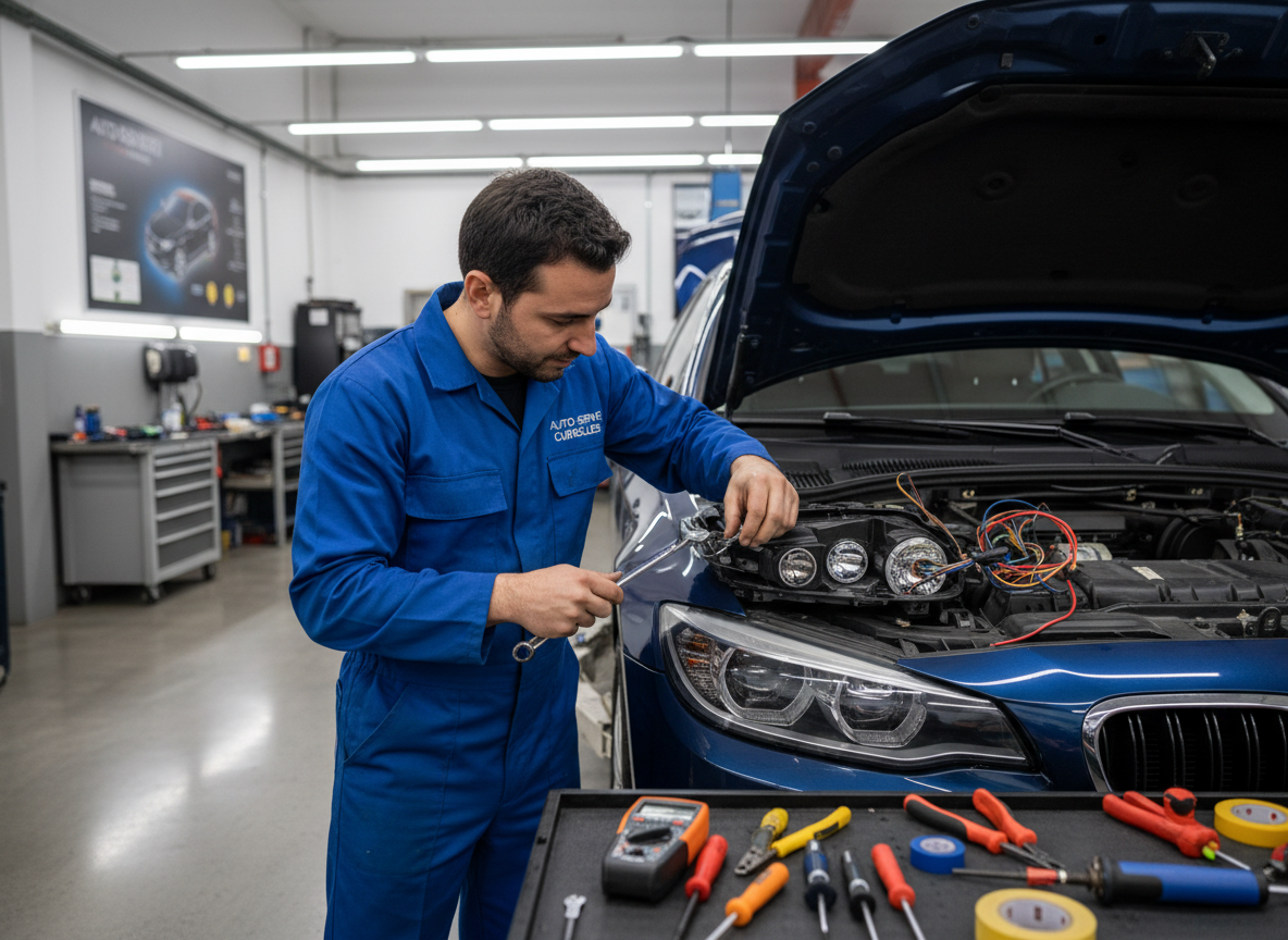A detailed, professional photograph of a mechanic working on a car's electrical lighting system in a workshop. The mechanic is focused on replacing or repairing a vehicle's headlight assembly, with tools visible nearby. The image shows the front end of a car with its headlight housing open, revealing halogen or LED bulbs. The workshop setting includes bright overhead LED lighting, organized tools, and a clean, professional atmosphere. The composition emphasizes precision work and technical expertise in automotive electrical systems, suitable for a professional auto repair workshop in Cubelles.