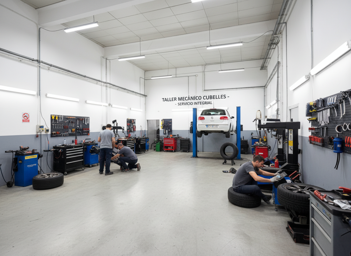 Fotografía profesional de un taller mecánico completo con múltiples servicios simultáneos. Muestra una vista general del taller con varios mecánicos trabajando en diferentes áreas: uno trabajando en alineación de dirección, otro en cambio de neumáticos, otro en revisión de suspension y amortiguadores. El espacio es limpio, bien organizado con equipos profesionales visibles, herramientas neatly arranged, lift cars showing undercarriage work, tire equipment, alignment machine. Iluminación LED brillante y funcional, ambiente profesional y confiable. Perspectiva que captura la amplitud y versatilidad del taller de reparación mecánica general en Cubelles.