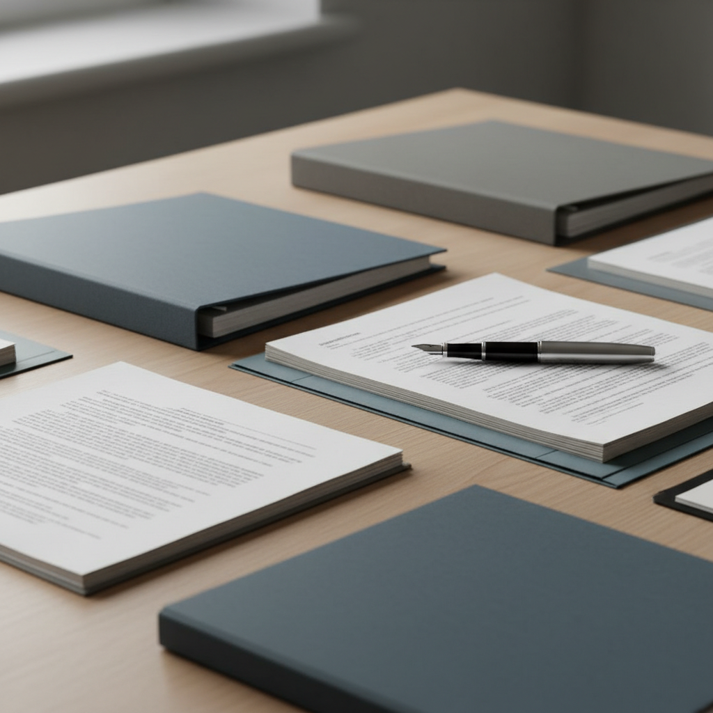 Una imagen editorial profesional y sobria para una página de textos legales: documentos legales ordenados sobre un escritorio limpio, bolígrafo elegante y luz natural suave, composición minimalista, tonos neutros azul grisáceos, sin texto legible, sin logotipos, formato cuadrado.